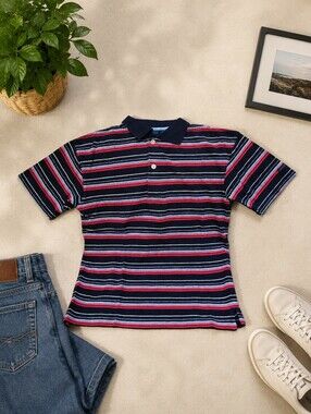 Izod Navy Striped Polo with Red and Light Blue Accents
